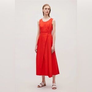 COS red bright cotton mix midi dress pockets a line bright cheerful sz 34 (2, 4)